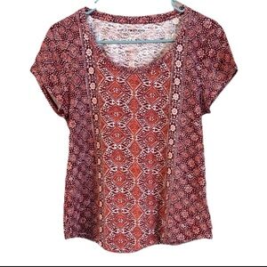Lucky Brand Red Rust Geometric Woodblock Notch Short Sleeve Shirt Size Small